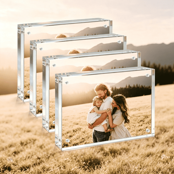 XIBUFE Acrylic Picture Frame 4X6-4 Pack Double Sided Magnetic Picture Frame, Frameless 4X6 Picture Frames, Shatterproof Acrylic Photo Frame 4 by 6 Freestanding Tabletop Display with Wiping Cloth