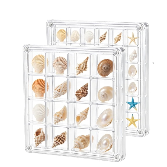 XIBUFE Acrylic Seashell Display Box 2 Pack,52 Grids Magnetic Clear Shell Holders | Storage Collection Display,Tiny Shell Coral Diamond Beads Gemstone
