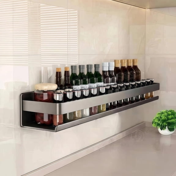 XIBUFE Adhesive Wall Mount Spice Rack Carbon Steel,No-Drill Dark Gray Wall Spice Racks for Kitchen,Multi-Purpose Spice Storage Organizer,Kitchen Bathroom Storage Shelf for Countertop Cabinet