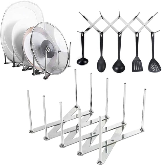 XIBUFE Adjustable Pot Lid Organizer, Expandable Stainless Steel Rack for Lids, Plates, Pans & Bakeware, Non-Slip Multipurpose Kitchen Cabinet Organizer Gifts for Adults