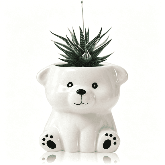 XIBUFE Animals Planter,Mini Ceramic Cartoon Animal Shaped Succulent Flower Pot Indoor Air Plants Holder,Smooth Shiny Decorative Flower Cactus Planter-Plants Not Included(White Bear)