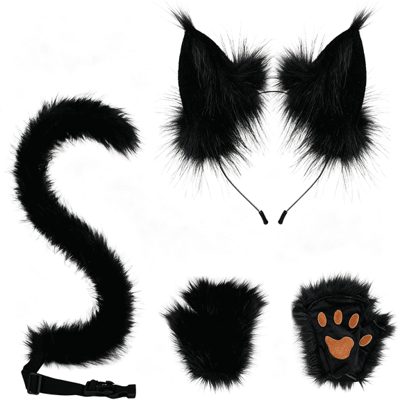 XIBUFE Anime Set Faux Furry Fox Cat Wolf Ears Headband Fingerless Paws Gloves Adjustable Tail for Halloween Party Faux Furry cat ears and tail