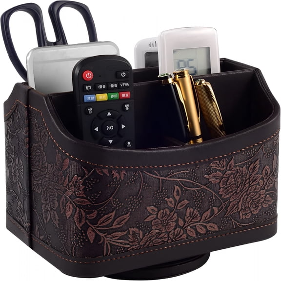 XIBUFE Antique Leather Remote Control Holder 360 Degree Spinning,Desk Rotating Organizer/Caddy for TV Remote Controllers,Pen,Calculator,Media Player,Office Supplies,Mobile Phone Storage Box (Retro)