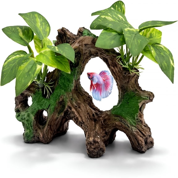 XIBUFE Aquarium Decor Cave with Silk Plants Fish Tank Decorations Ornament Small Aquarium Plants for Betta Goldfish Bowl Artificial Driftwood