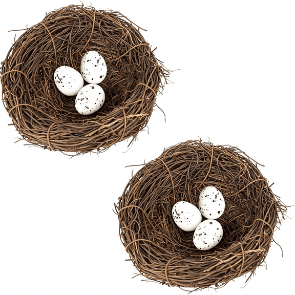 XIBUFE Artificial Birds Nest with Eggs 2 Sets Large Decorative Rattan Birds Nest 4.7Inch for Spring Christmas Tree Ornaments Easter Decor Crafts Patio Garden Home Decor