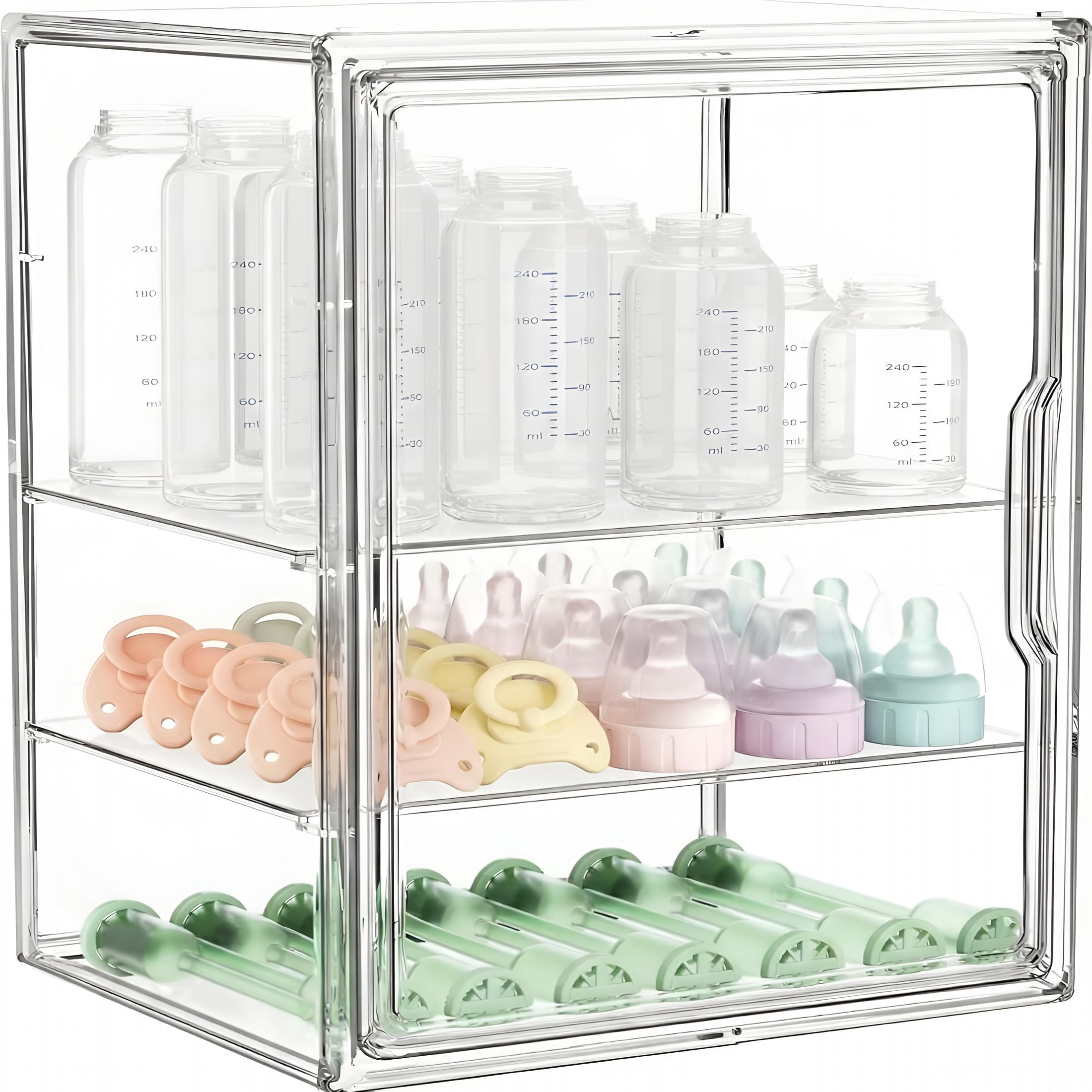 XIBUFE Baby Bottle Storage Organizer for Countertop,Large Clear Bottle Organizer,Baby Bottle Storage Organizer for Bottles,Nipples,Pump Parts&Food Jars,Nursery Cabinet,Kitchen Pantry