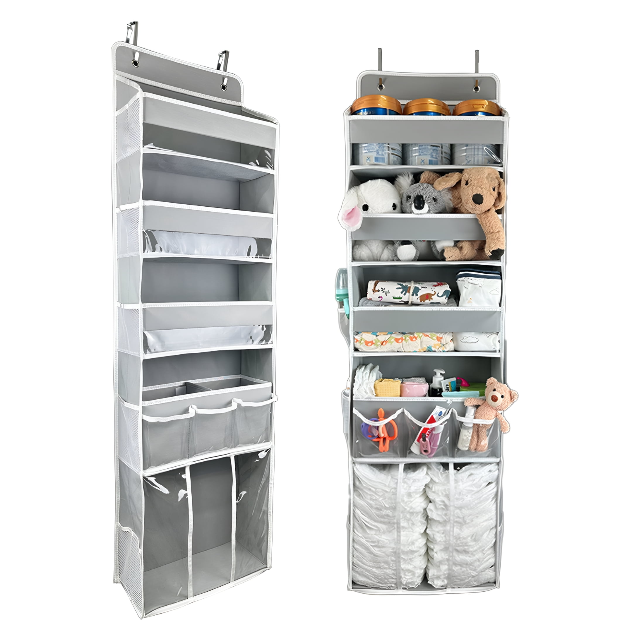 XIBUFE Baby Hanging Organizer 5-Shelf Over-The-Door Organizer with Diaper Caddy, Grey, 1 Count over the Door Organizer Nursery
