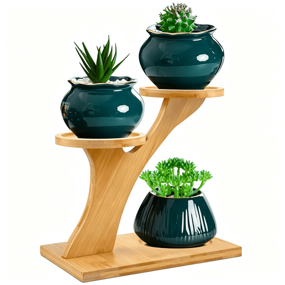 XIBUFE Bamboo Plant Stand ,3 Tiers Indoor Succulent Windowsill Shelf - Small Tabletop Plant Holder for Home,Office,Living Room,Bedroom Decoration Bamboo Plant Stand Indoor 1Pc