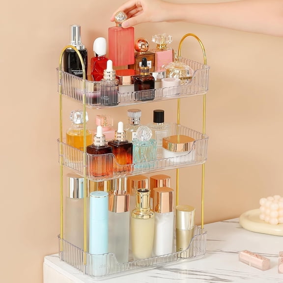 XIBUFE Bathroom Counter Organizer,3 Tier Perfume Skin Care Countertop Storage Shelf,Vanity Makeup Tray for Cosmetic Skincare Lotion,Clear 3-Tier Perfume Stand