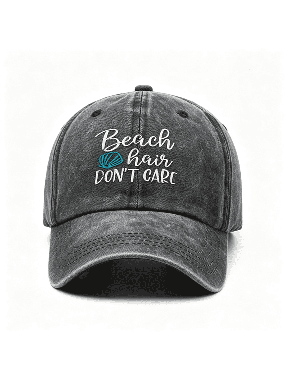 Beach Hair Don'T Care Washed Embroidery Adjustable Baseball Cap | Summer Salty Beach Themed Hat for Beach Lover, Seashell Embroidered Hat, Vacation Birthday Baseball Cap Gifts for Friend