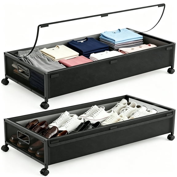 XIBUFE Under Bed Storage Containers with Wheels,2 Pack Underbed Shoe Storage Organizer with Clear Lids,Rolling Under Bed Metal Drawers for Clothes,Blankets,Black