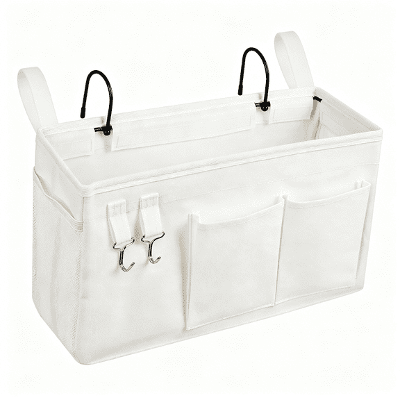 XIBUFE Bedside Caddy/Bedside Storage Bag Hanging Organizer for Bunk and Hospital Beds,Dorm Rooms Bed Rails,Can Be Placed Glasses,Books,Mobile Phones,Keys (White)