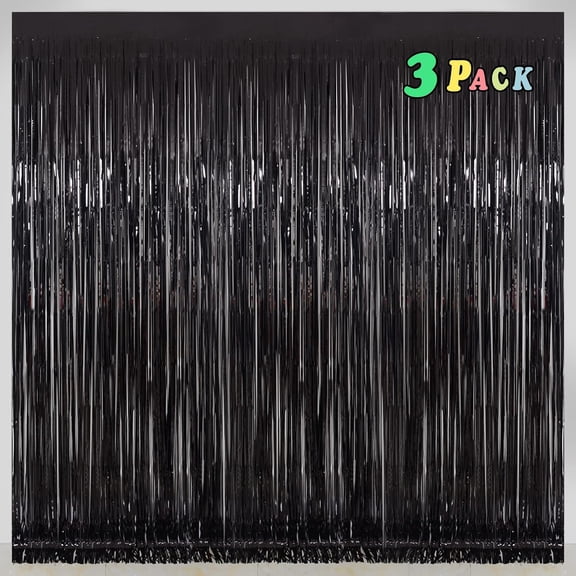 XIBUFE Black Backdrop Foil Fringe Curtain 3 Pack,3.2 X 8.2 Ft Party Decorations|Graduation Decorations,Photo Booth Backdrop,Birthday Party,Reusable Decorations,Easy Installation