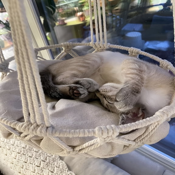 XIBUFE Boho Wall Mounted Cat Hammock Hand Woven Cotton Rope Swing Bed for Indoor Cats Hanging Pet Furniture 11.8 x 35.4 Inch