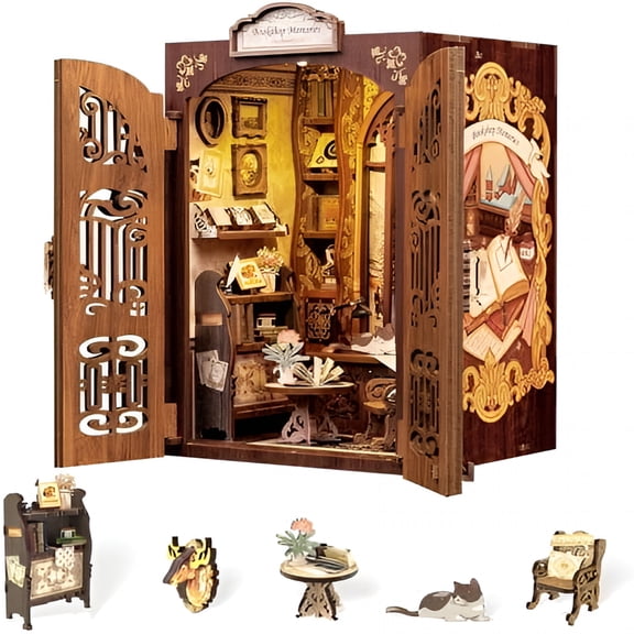 BESTSKY Book Nook Kit 139pcs,DIY Miniature Library Model,Gift for Book Lovers