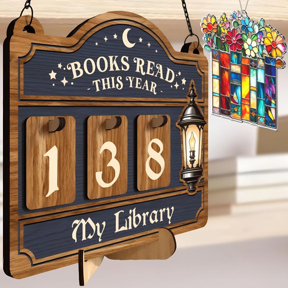 XIBUFE Books Read This Year Counter,Reading Tracker Sign for Home Library Decor,Book Suncatcher Ornament,Book Lover Gift for Librarian,Reader,Teacher,Women,Bookshelf Accessories for Wall & Table