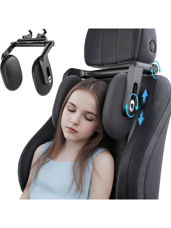 Car Headrest Pillow, 4-Way Adjustable Car Seat Headrest Pillow with Hook, Thickened Memory Foam Headrest Both Side Sleeper Neck Pillow for Kids Adults, Travel Car Sleeping