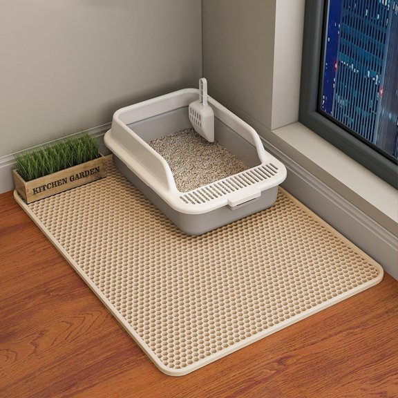 XIBUFE Cat Litter Mat Double Layer 30X22 Inch Khaki Waterproof, Urine-Proof Non-Slip Litter Trapping Soft on Kitty Paws