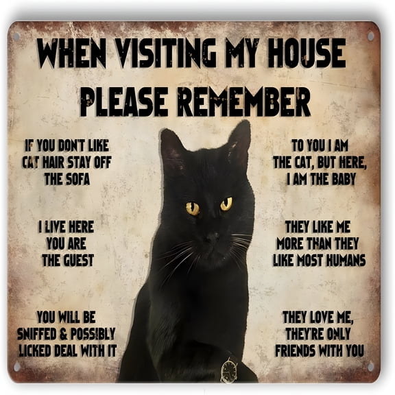 XIBUFE Cat Metal Tin Sign Cat Wall Art When Visiting My House Please Remember Tin Signs Vintage Funny Black Cat Print Poster Wall Decoration Cat Bathroom Decor Kitchen Artwork 8X12 Inch