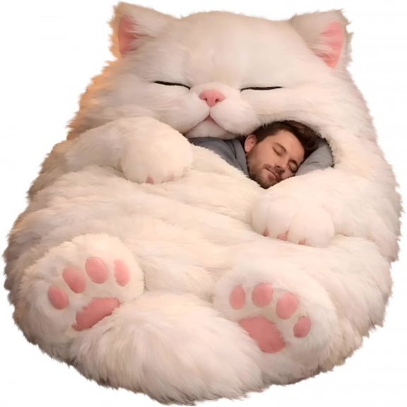 XIBUFE Cat Shaped Plush Floor Lounger for Adults, Oversized Sleeping Bag Style Mattress for Indoor Naps, Camping, Sleepovers, and Movie Nights