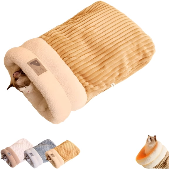 XIBUFE Cat Sleeping Bag Bed, Winter Soft Plush Sack Self Warming Cave Bed for Indoor Cats, Hideaways Pet Snuggle Sack for Kitten Puppy (Brown, L-21"x18")