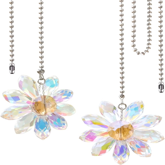 XIBUFE Ceiling Fan Pull Chain,2 Pieces 1.8"Crystal Glass Flower Pendants with 24"Ceiling Fan Chain Extender and Connector