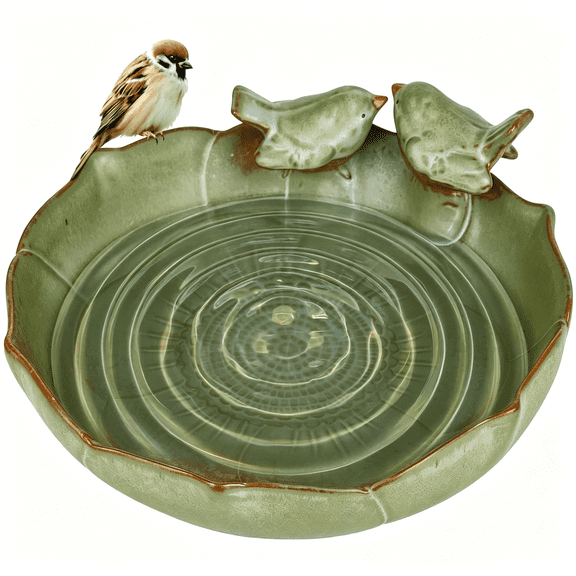 XIBUFE Ceramic Bird Bath Bowl for Outdoors,9.45-Inch Ground&Tabletop Garden Decor,Weather-Resistant Birdbath for Deck,Balcony,Lawn Easy Clean Bowl Only Sage Color