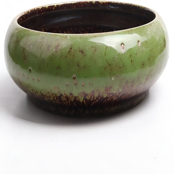 XIBUFE Ceramic Succulent Pots: 7.3 Inch Large Shallow Planter, Bonsai Pots Succulent Planters with Drainage Hole, Round Glazed Garden Decorative Cactus Flower Plant Container Bowl (Green)