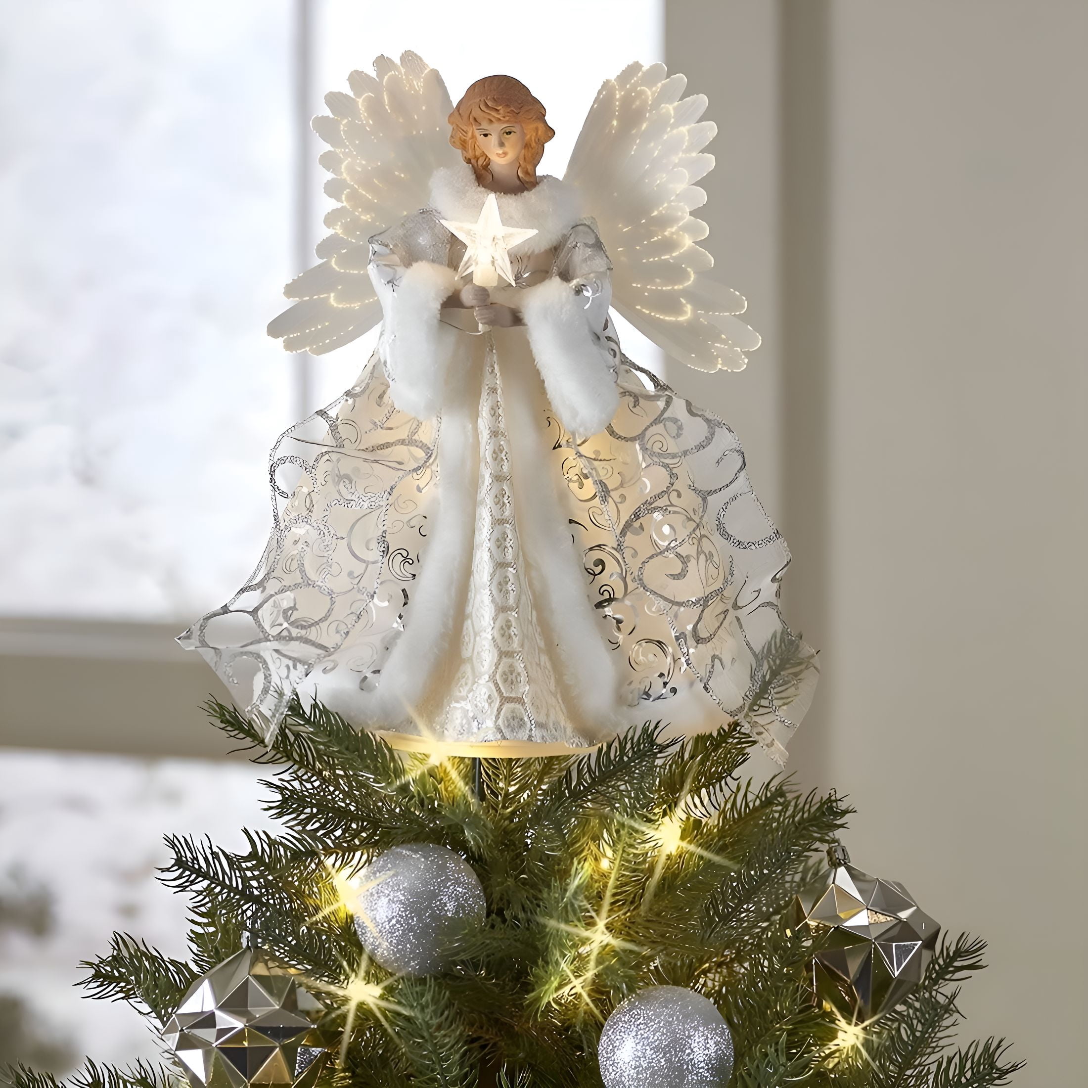 XIBUFE Christmas Angel Treetop Figurine 9.8 Inch Christmas Treetop for Christmas Tree Ornaments Angel Tree Topper Lighted for Christmas Tree Decorations Party Favors