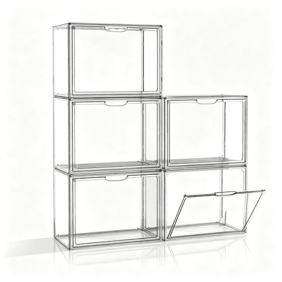 XIBUFE Clear Acrylic Display Case, Stackable Plastic Storage Bins with Lids, Large Display Box with Magnetic Lid Clear Storage Container Dustproof Showcase for Collectibles, Figures, 5 Pack