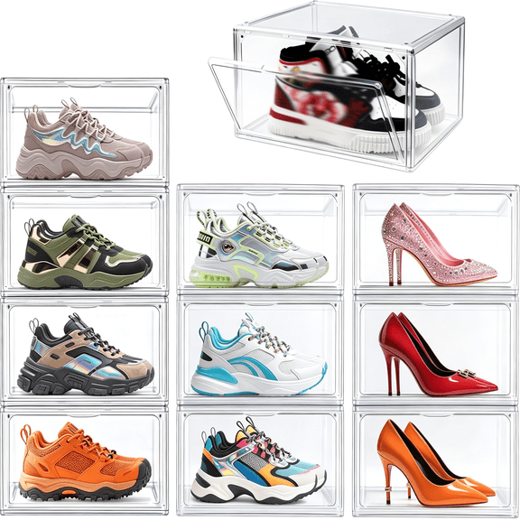 XIBUFE Clear Acrylic Shoe Boxes Stackable, Magnetic Clear Shoe Storage Boxes Fits MenS Us Size 12.5, Acrylic Sneaker Display Organizer, Drop Side Shoe Containers for Entryway & Sneaker, 1 Pack