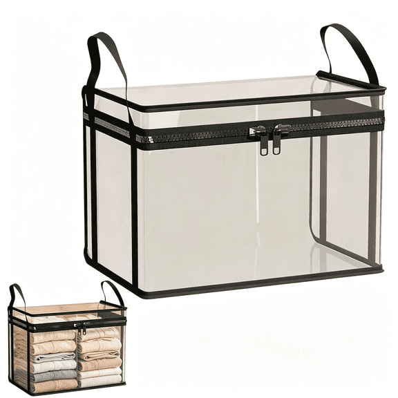 XIBUFE Clear Storage Box with Hinged Lid,Stuffed Animal Storage Pvc Organizer Bag,Doll Storage Container Dustproof Box with Carrying Handle,Large Pvc Organizer Box for Clothes&Storage(L)