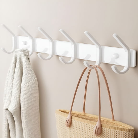 XIBUFE Coat Rack Wall Mount Hook (White, 1 Pack) - Aluminum 6-Hook Organizer, Drill Installation, Holds Coats, Towels, and Bags, for Entryway or Bathroom