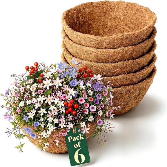 XIBUFE Coco Liners for Planters 14 Inch,6 Pack Coco Basket Liners for Hanging Baskets,Thick Natural Coconut Fiber Planter Liner for Outdoor Pots,Window Boxes & Wire Baskets