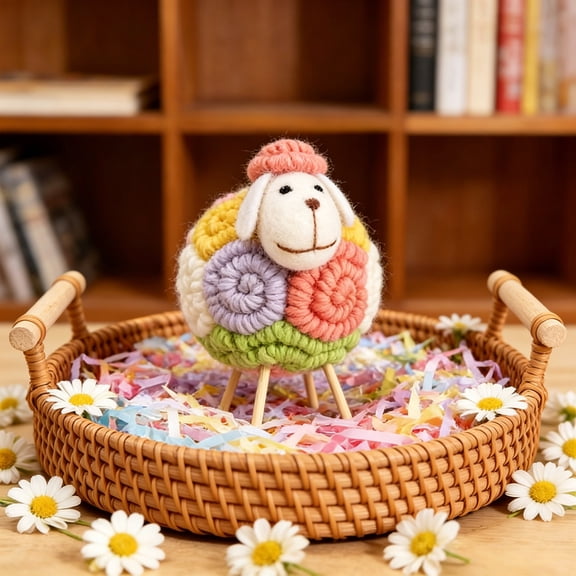 XIBUFE Colorful Boho Lint Sheep Ornament Handmade Lamb Figurine Cute Easter Decor Tabletop Accent for Spring,Rustic Farmhouse Home Decoration Gift