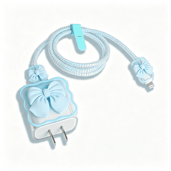 XIBUFE Compatible with Iphone 18W/20W Usb-C Charger Cover Cute 3D Bow Tie Design Clear Soft Charger Protector Kawaii Cable Saver for Iphone 11 12 13 14 Pro Max Fast Power Adapter, Blue 2 (5In1)