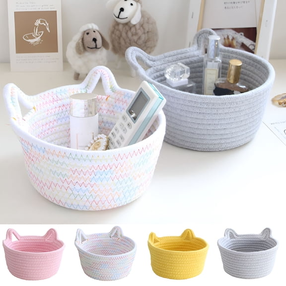 XIBUFE Cotton Rope Basket with Cat Ears,Little Storage Baskets Sock Basket Pet Toy Basket Rope Baskets with Handles Mini Storage Bins