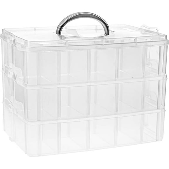 XIBUFE Craft Storage Box with Compartments,3-Tier 30 Sections Transparent Stackable Plastic Box Organiser with Handle,Practical Sorting Box for Crafts,Jewelry,Toy,Sewing Accessories (Clear)