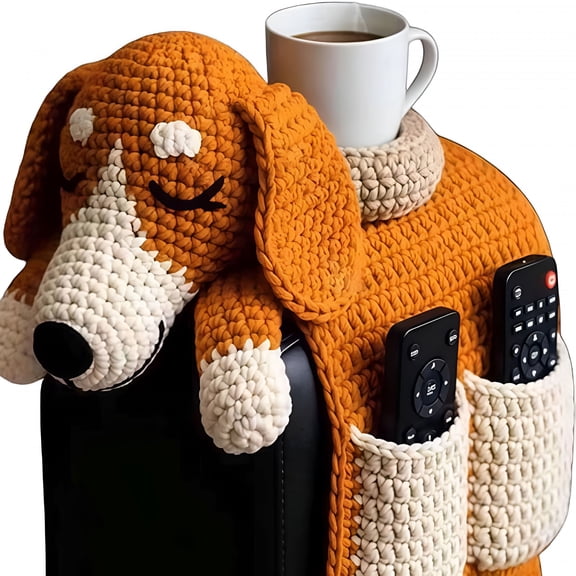 XIBUFE Crochet Dog Sofa Arm Organizer, Handmade Knit Armrest Caddy with Cup Holder for Remotes, Phone, Treats - Pet Themed Couch Storage