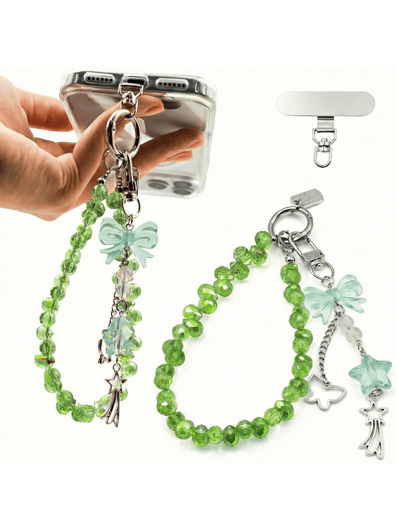 Crystal Beaded Phone Wrist Strap, Cute Cellphone Lanyard Chain, Bow Keychain Wristlet Bag Charms for Women - Green Bag Charm