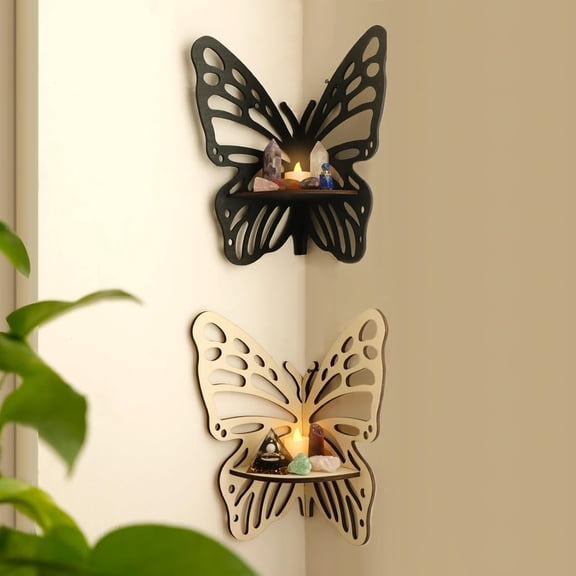 XIBUFE Crystal Shelf Display -2 Pcs Butterfly Floating Shelves for Wall Corner Shelf for Crystals and Stone Boho Cute Bedroom Home Bathroom Decor Aesthetic Witchy Gift