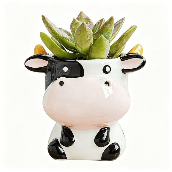 XIBUFE Cute Animal Ceramics Planter Small Succulent Pot Cartoon Shaped Plant Pot for Mini Plants Flower Cactus,Smooth Shiny Ceramic-Plants Not Included (Cow)