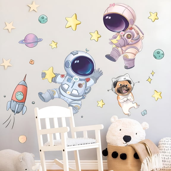 XIBUFE Cute Space Astronaut Wall Stickers for Kids Room, Removable Nursery Decor with Rockets and Planets, Bedroom Playroom Classroom
