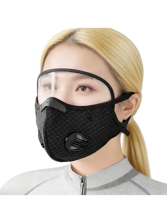 Cycling Mask with Eye Shield Reusable Mesh Cover with Breathing Valve for Wind Dust Splashes, Protective Face Shield Mask, Black