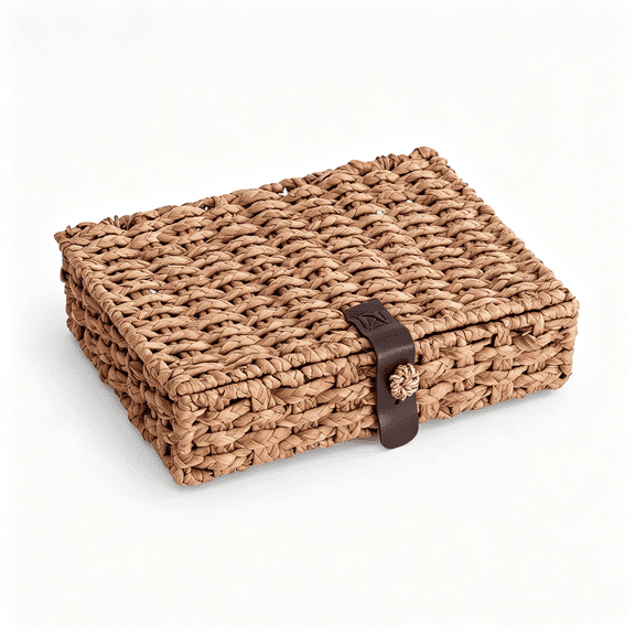 XIBUFE Decorative Box with Lid,Wicker Storage Basket,Water Hyacinth Woven Decorative Box for Shelf,Coffee Table,Console Table,Home Decor (Large)