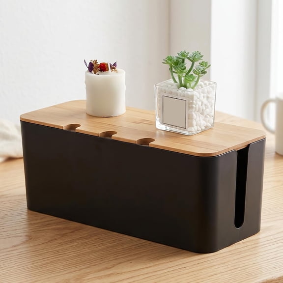 XIBUFE Desktop Cable Organizer Box with Bamboo Lid, Ventilated Plastic Wire Storage Holder for Power Strips, Chargers and Data Cords, Practical Desktop Tidy Solution In, Black