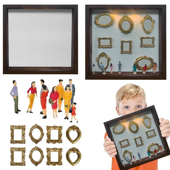 XIBUFE Diy Mini Museum Silhouette Box,Mini Museum Kit with 8 Mini Museum Frames and 8 Mini People Figurines,Mini Museum Display for Birthday Wedding Anniversary Decorations,9.8",Brown