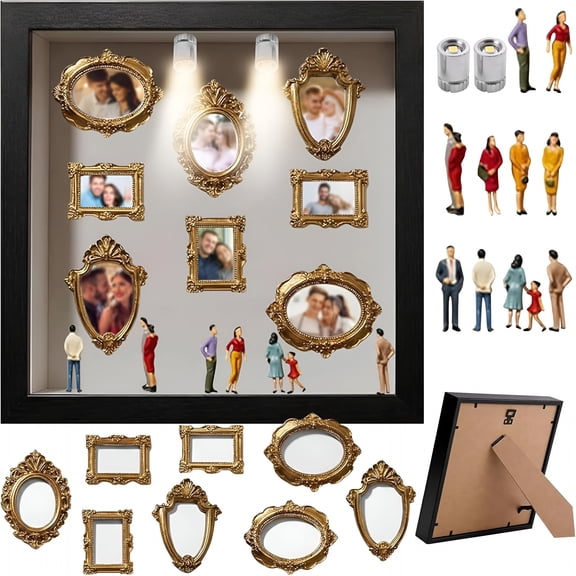 XIBUFE Diy Silhouette Shadow Box Frame Kit,Mini Gold Photo Display with Figurines,Custom Memory Collage Frame for Pictures,Crafts & Home Decor Gift (Black)
