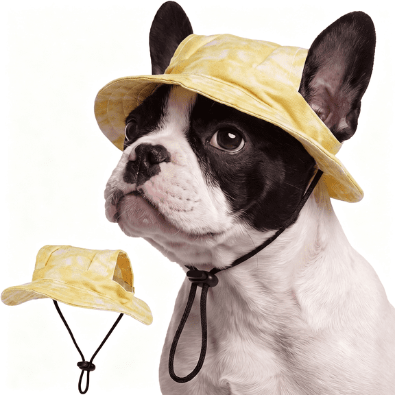 XIBUFE Dog Bucket Hat with Ear Holes Adjustable Sun Hats for Dogs Cats | Puppy UV Protection Sun Caps Breathable Tie Dye Print Pet Bucket Hats with Wide Brim Summer Visor for Large Dogs, Yellow L