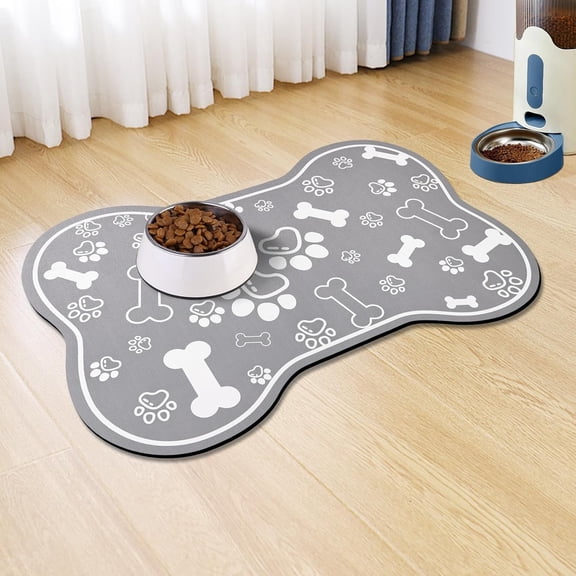 XIBUFE Dog Cat Food Mat,Rapid Absorbent Pet Feeding Mat,Bone Shaped Dog Placemat Water Bowl Mat with Rubber Backing,No Stains Dog Cat Food Mats Indoor,Pet Accessories Supplies 12"X18"Grey